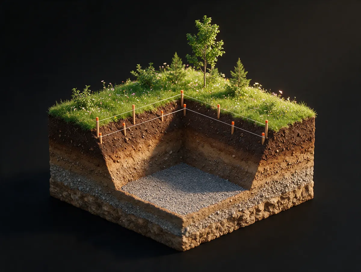 Baugrube mit Böschungen, Schottersohle und Schnurgerüst, 3D-Visualisierung