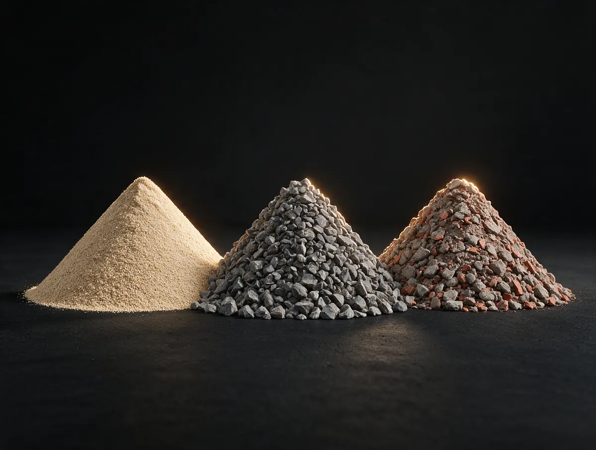 Sand, Schotter und Recycling-Material als Schüttkegel, 3D-Visualisierung