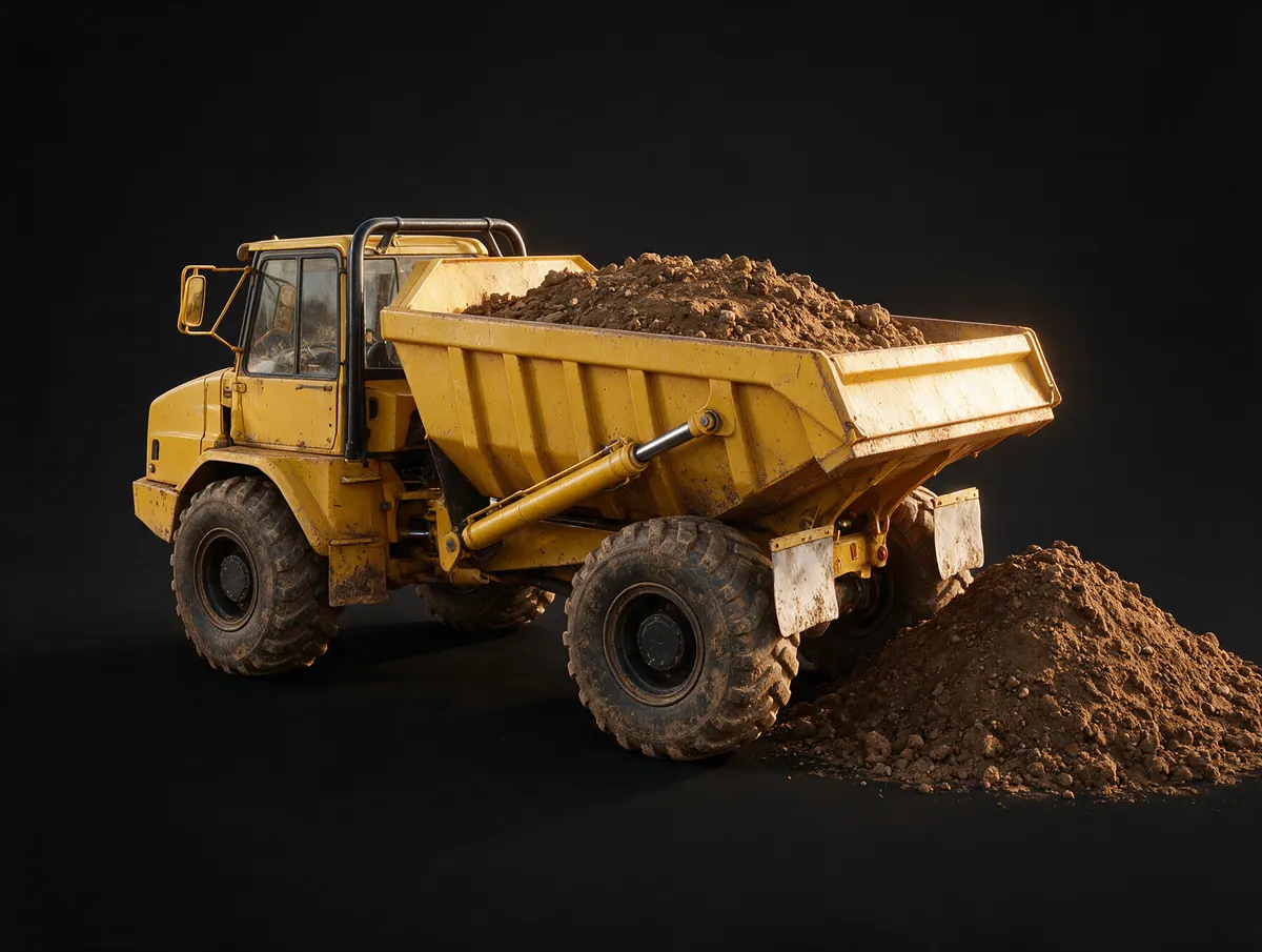 Dumper mit Erdaushub neben einem Bodenhaufen, 3D-Visualisierung