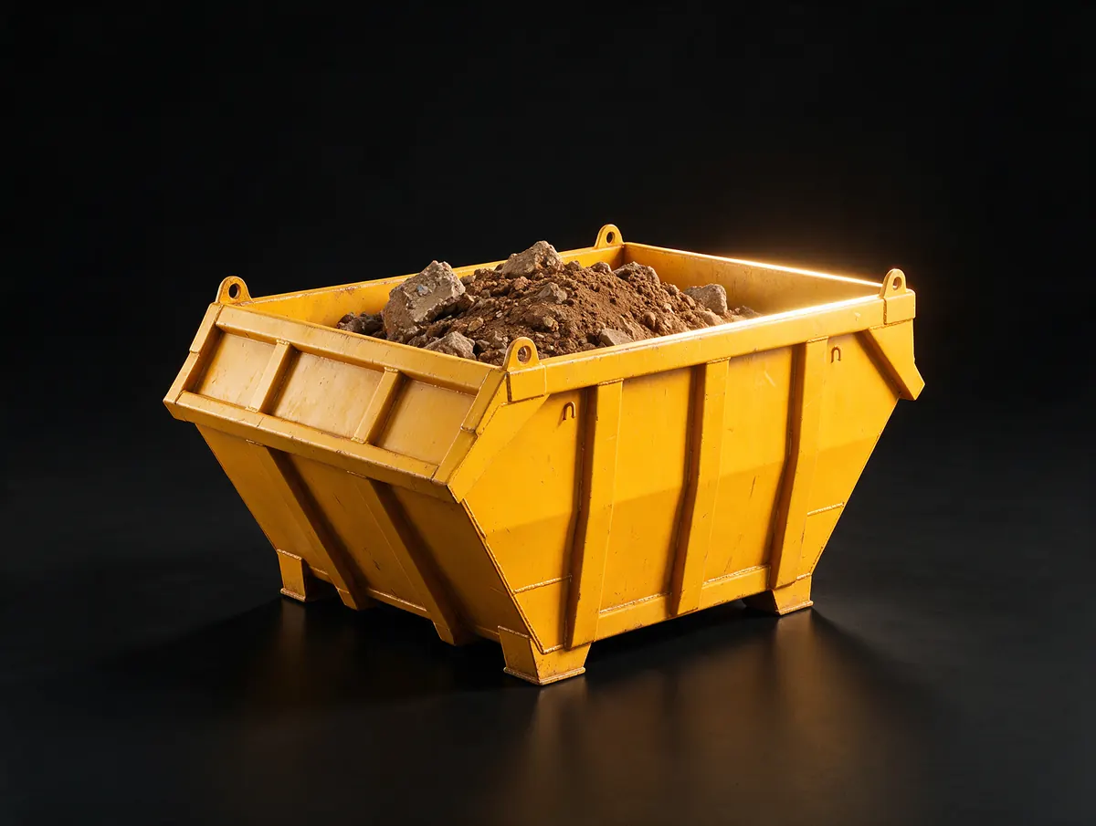 Gelber Absetzcontainer mit Erdaushub, 3D-Visualisierung