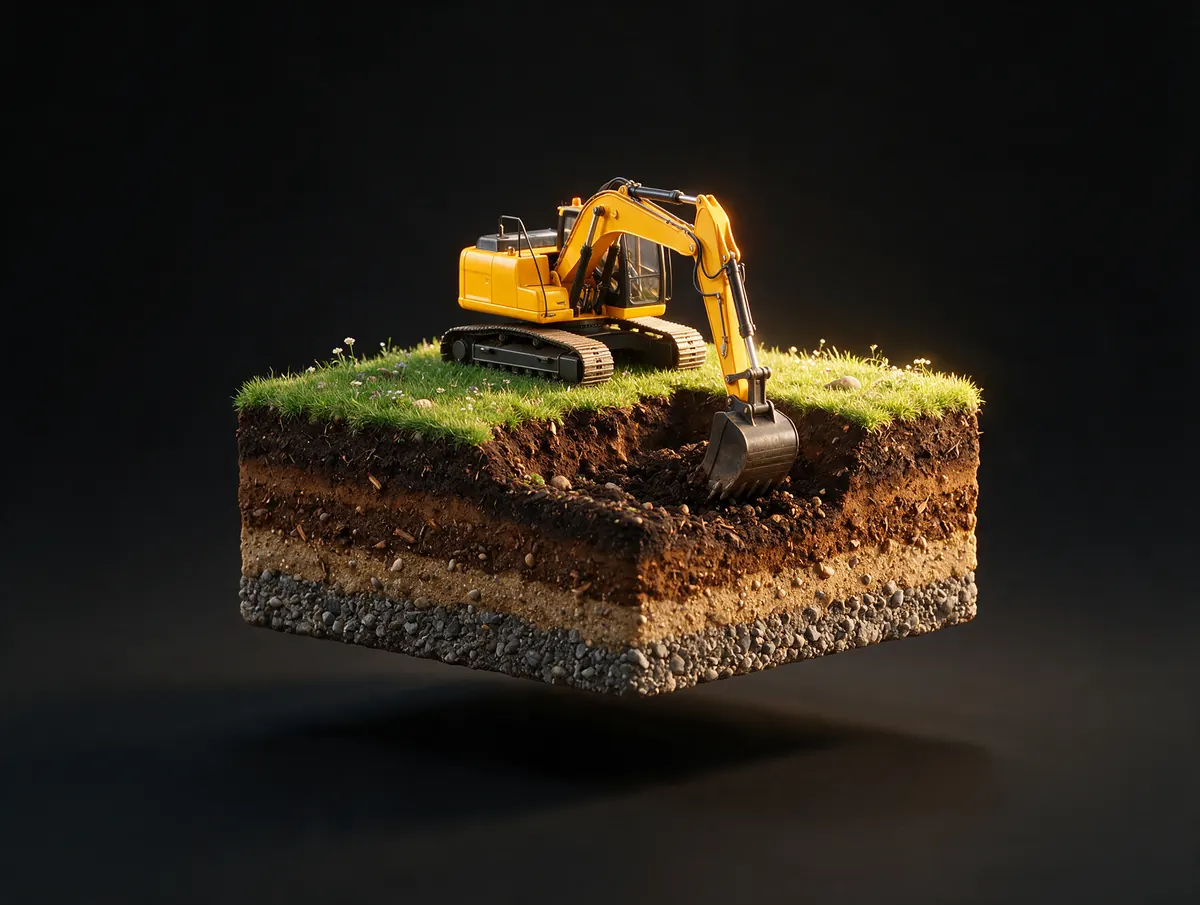 Erdblock mit Bodenschichten und Kettenbagger, 3D-Visualisierung